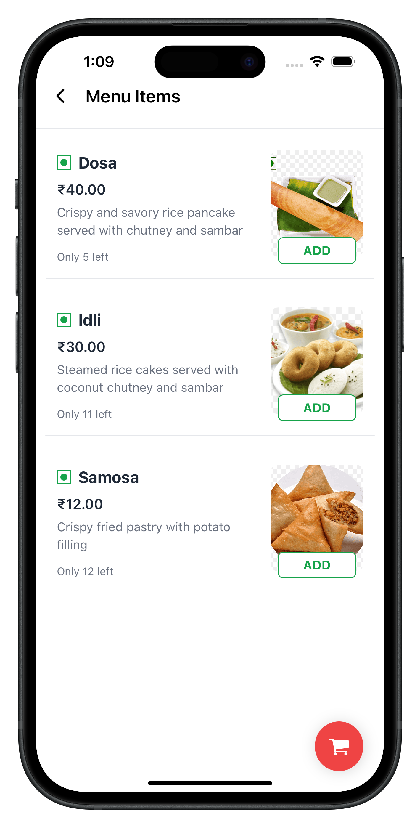 CutTheQ App Menu Interface showing Dosa, Idli, and Samosa with prices and stock